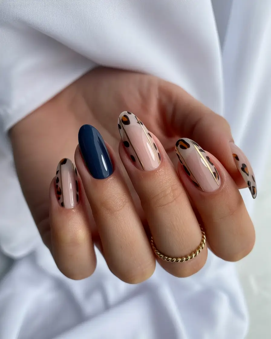 Navy Blue Fall Nail 2025 Leopard Accent