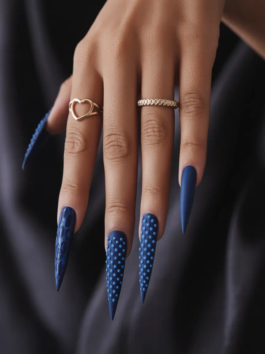 Navy Blue Fall Nail 2025 Stiletto 3D Texture