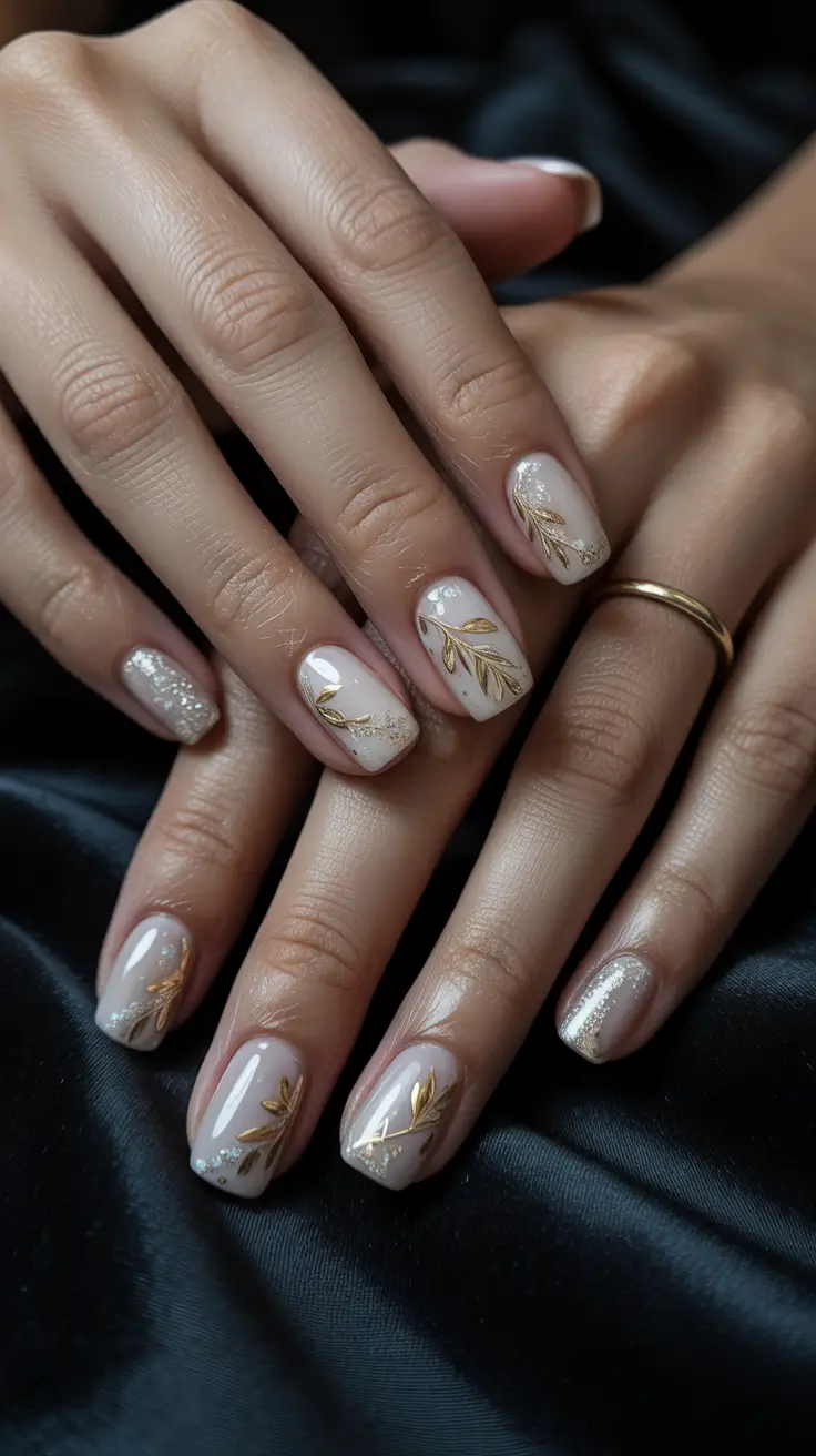 neutral fall nails 2025 Golden Leaf Accents