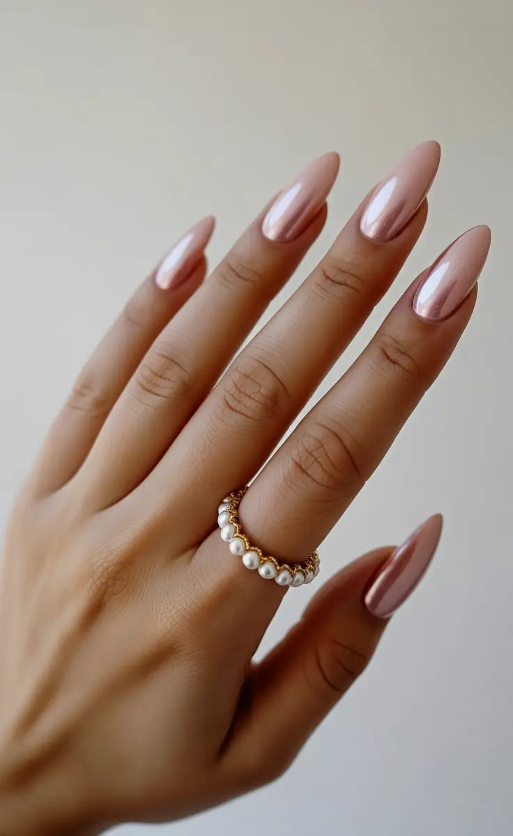 Neutral Fall Nail Designs 2025 Champagne Chrome Almonds