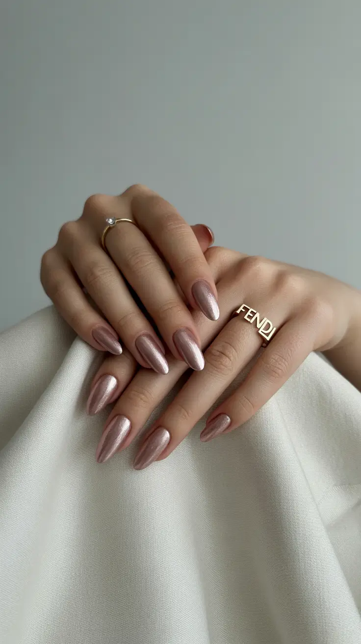 Neutral Fall Nail Designs 2025 Pearlized Rose Gold Elegance