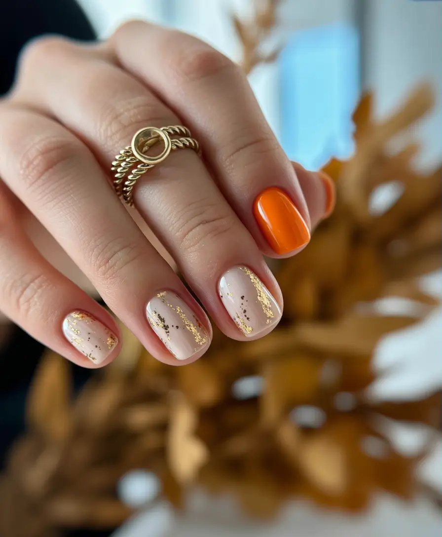 Neutral Fall Nail Designs 2025 Golden Foil and Burnt Orange