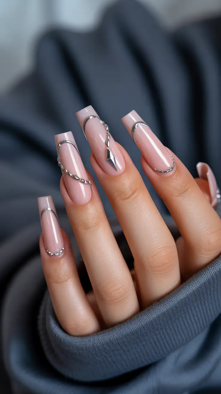 Neutral Fall Nail Designs 2025 Sculpted Silver Geometry