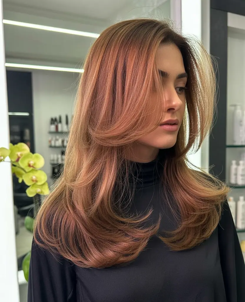 October hair color 2025 Rosewood Brown with Subtle Pink Glow