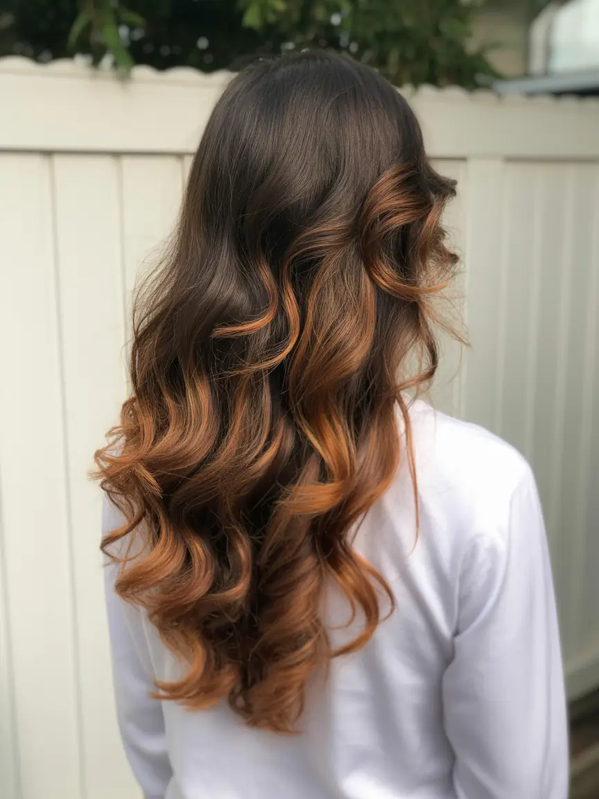 October hair color 2025 Burnt Caramel Balayage on Long Waves