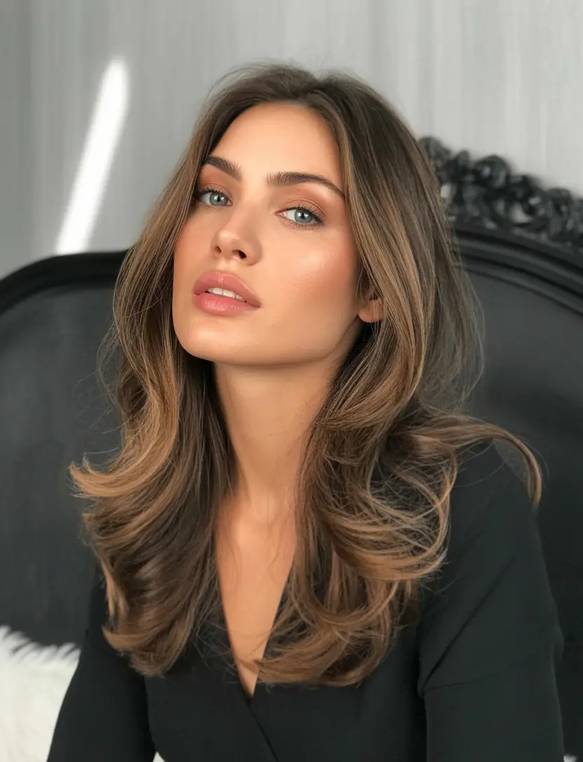 October hair color 2025 Soft Chestnut Layers With Warm Dimension