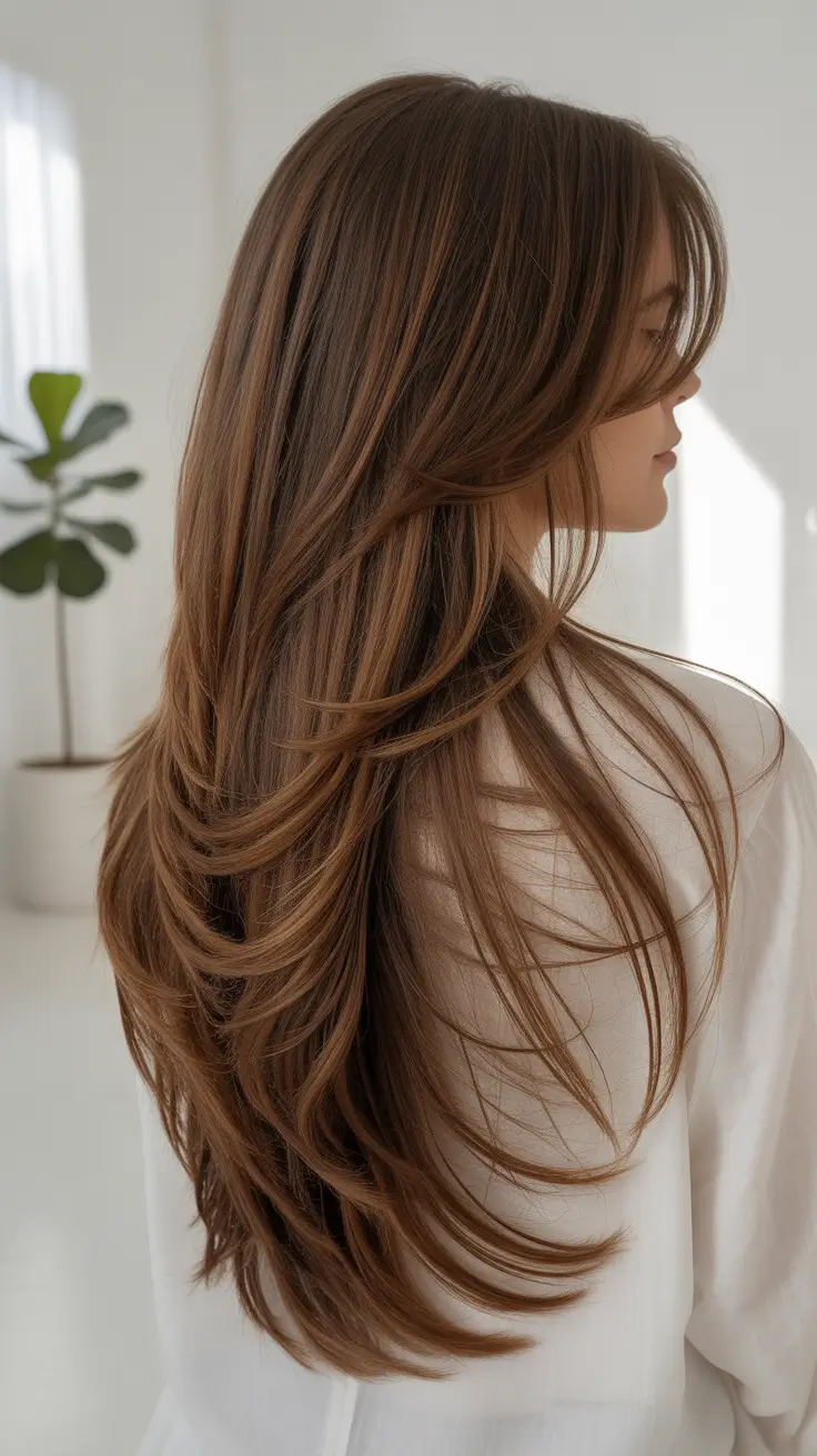October hair color 2025 Long Caramel-Brown Layers With Flowing Movement