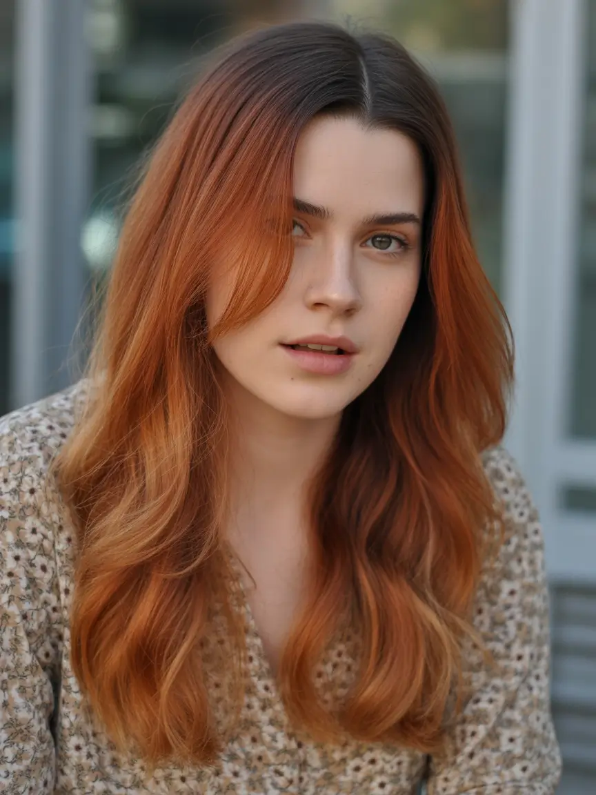 October hair color 2025 Burnt Copper Waves With Natural Glow