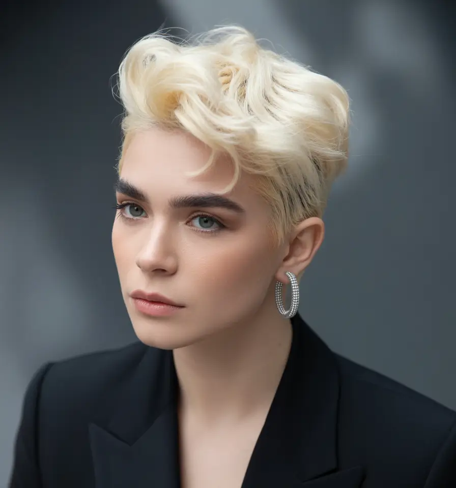 October hair color 2025 Platinum Crop With Sculpted Waves