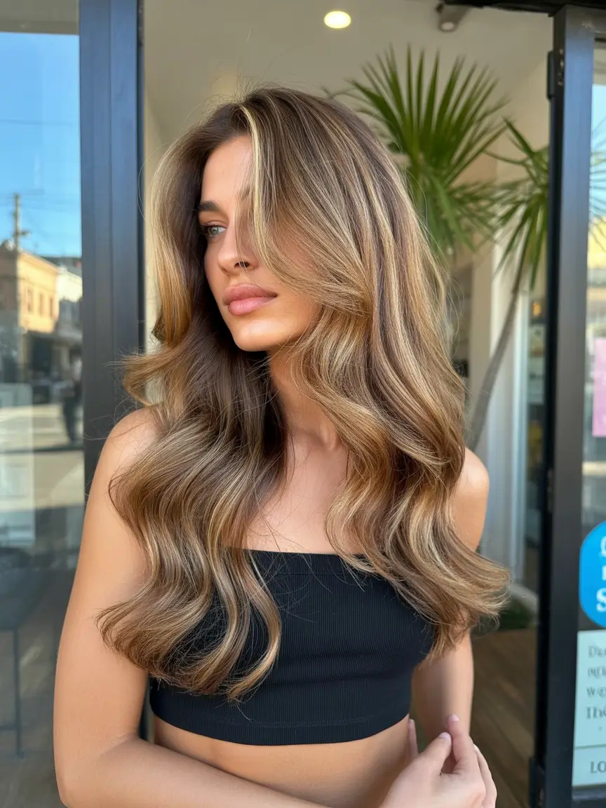 October hair color 2025 Sunlit Brunette Balayage Waves