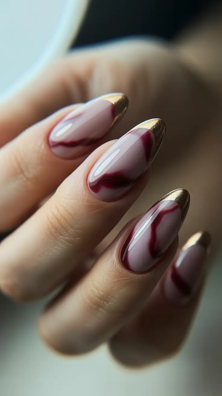 October nails color ideas 2025 Glossy Almond Elegance with Wine Accents