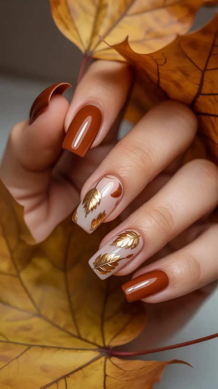 October nails color ideas 2025 Golden Autumn Leaves