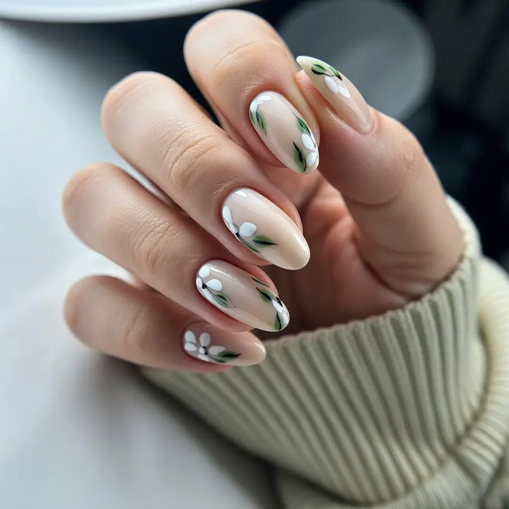 October nails color ideas 2025 Delicate Green and White Florals