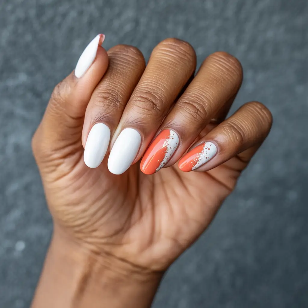 October nails color ideas 2025 White and Tangerine Contrast
