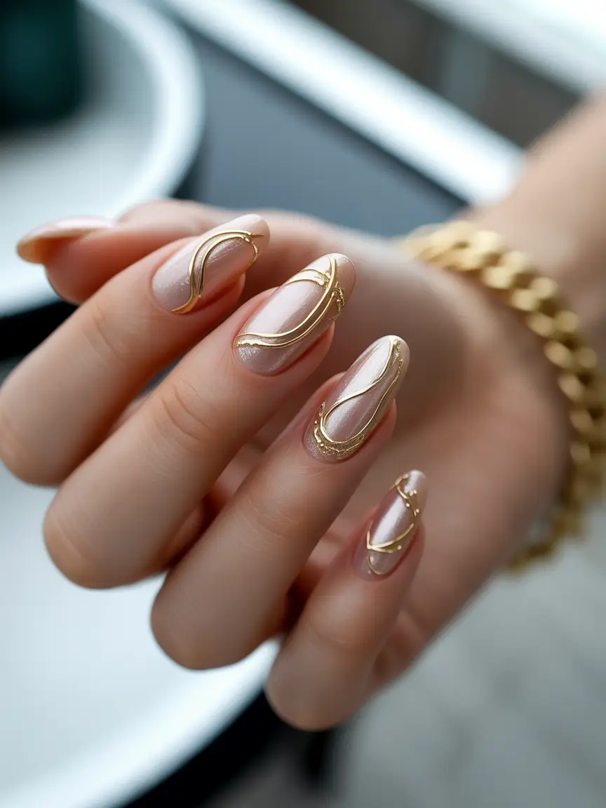 October nails color ideas 2025 Golden Accents on Nude