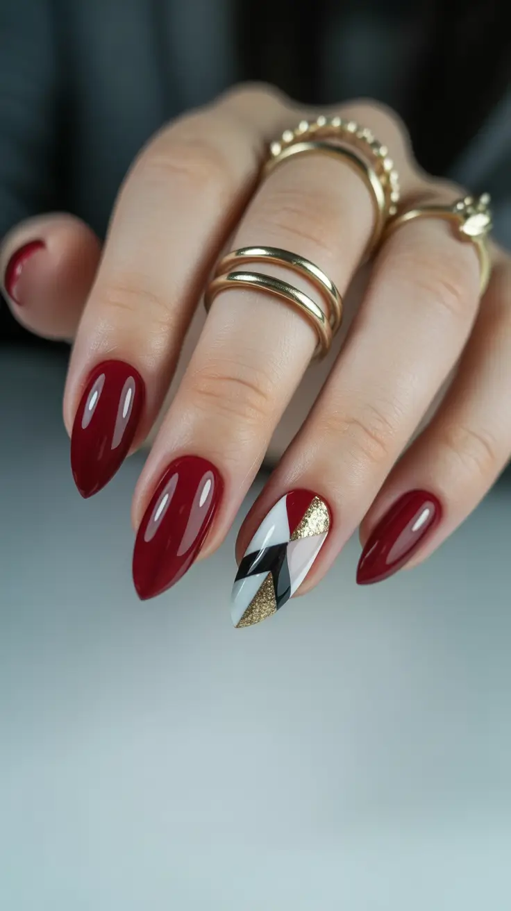 October nails color ideas 2025 Deep Red with Geometric Accent
