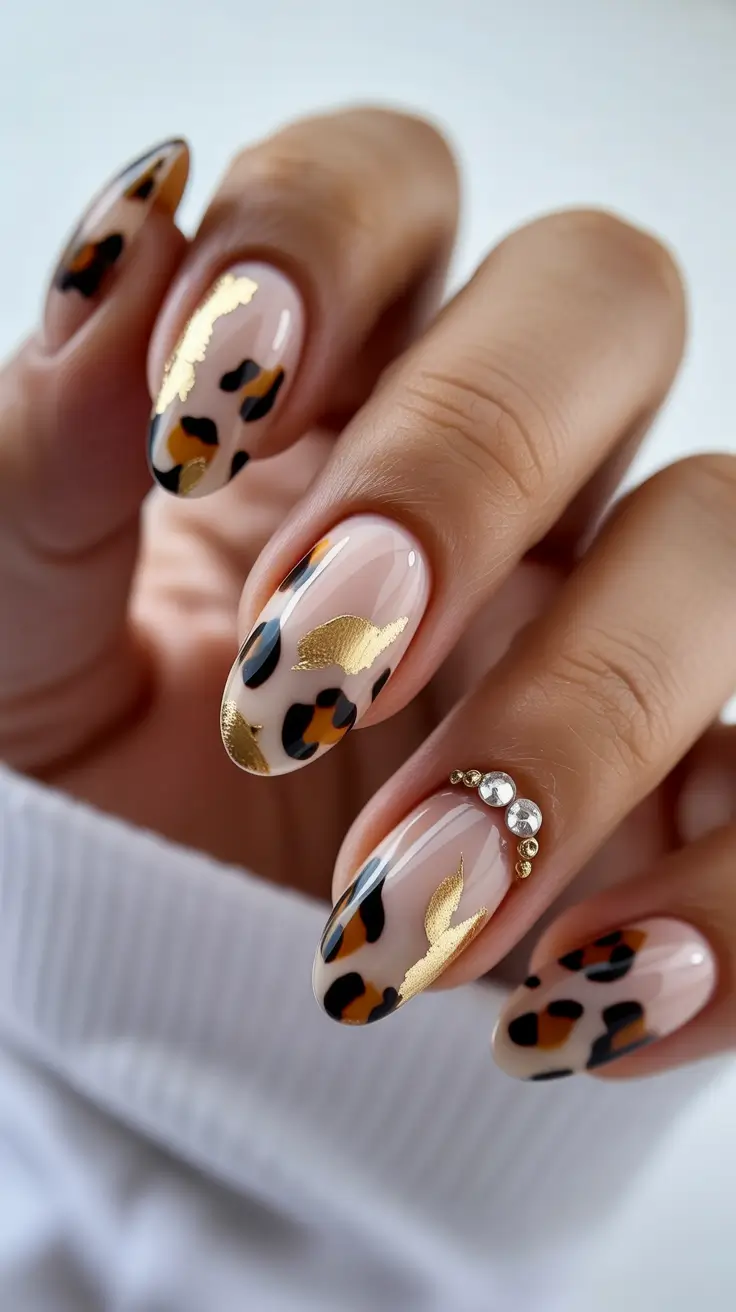 October nails color ideas 2025 Leopard Print with Gold Leaf