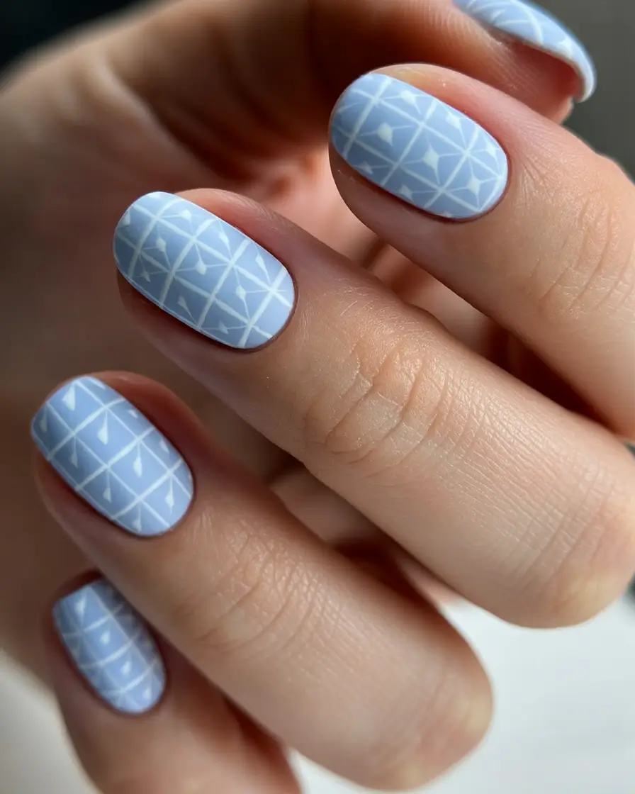 October nails color ideas 2025 Powder Blue Geometric Pattern