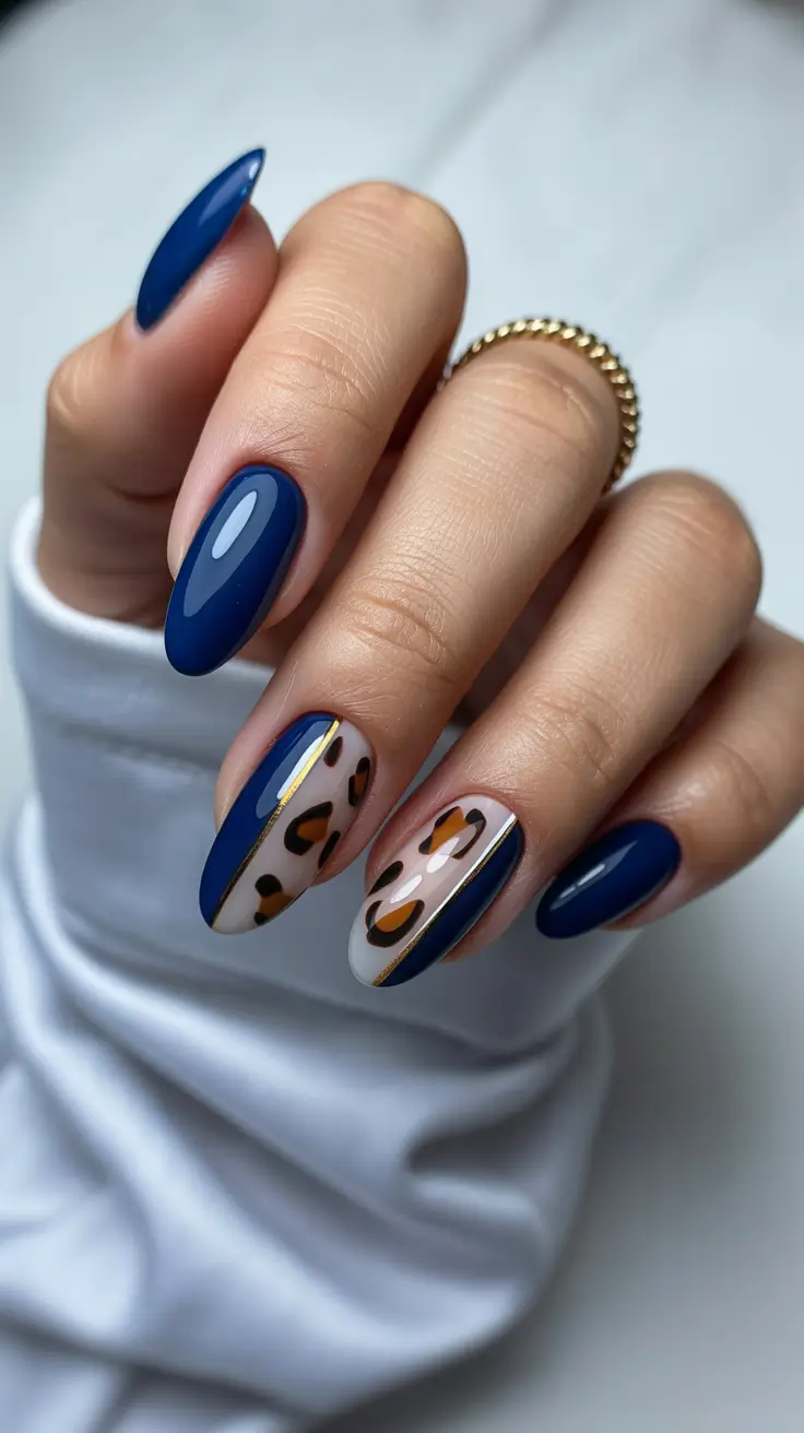October nails color ideas 2025 Navy Blue with Leopard Accents
