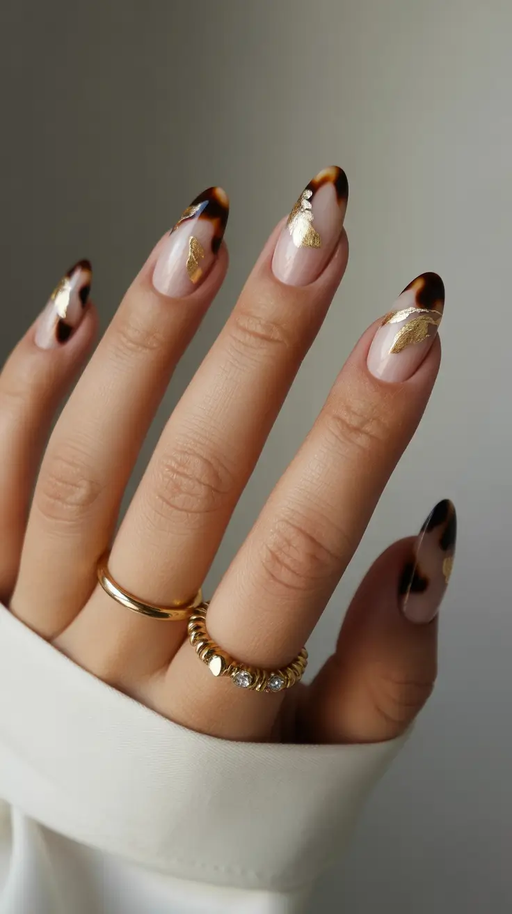 October nails color ideas 2025 Tortoiseshell with Golden Touch