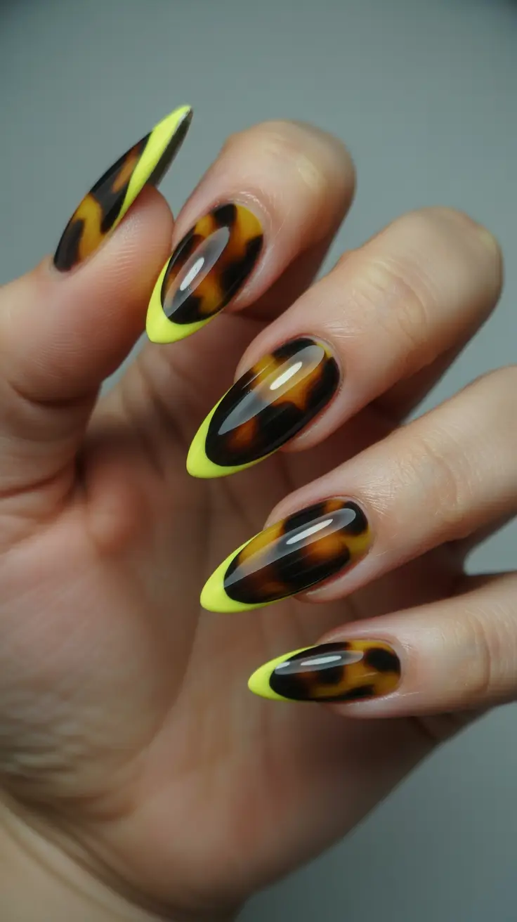 October nails color ideas 2025 Neon-Edged Tortoiseshell