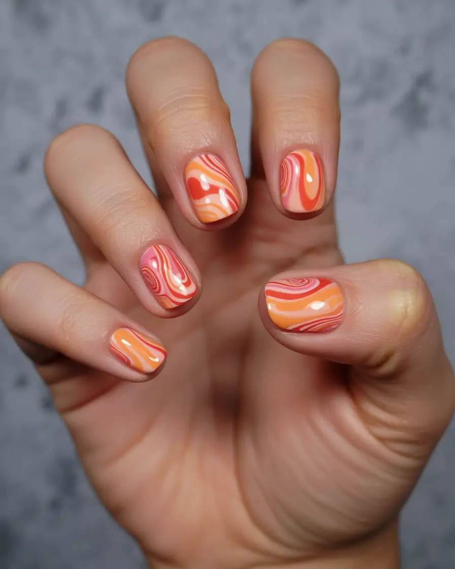 October nails color ideas 2025 Retro Orange Swirls