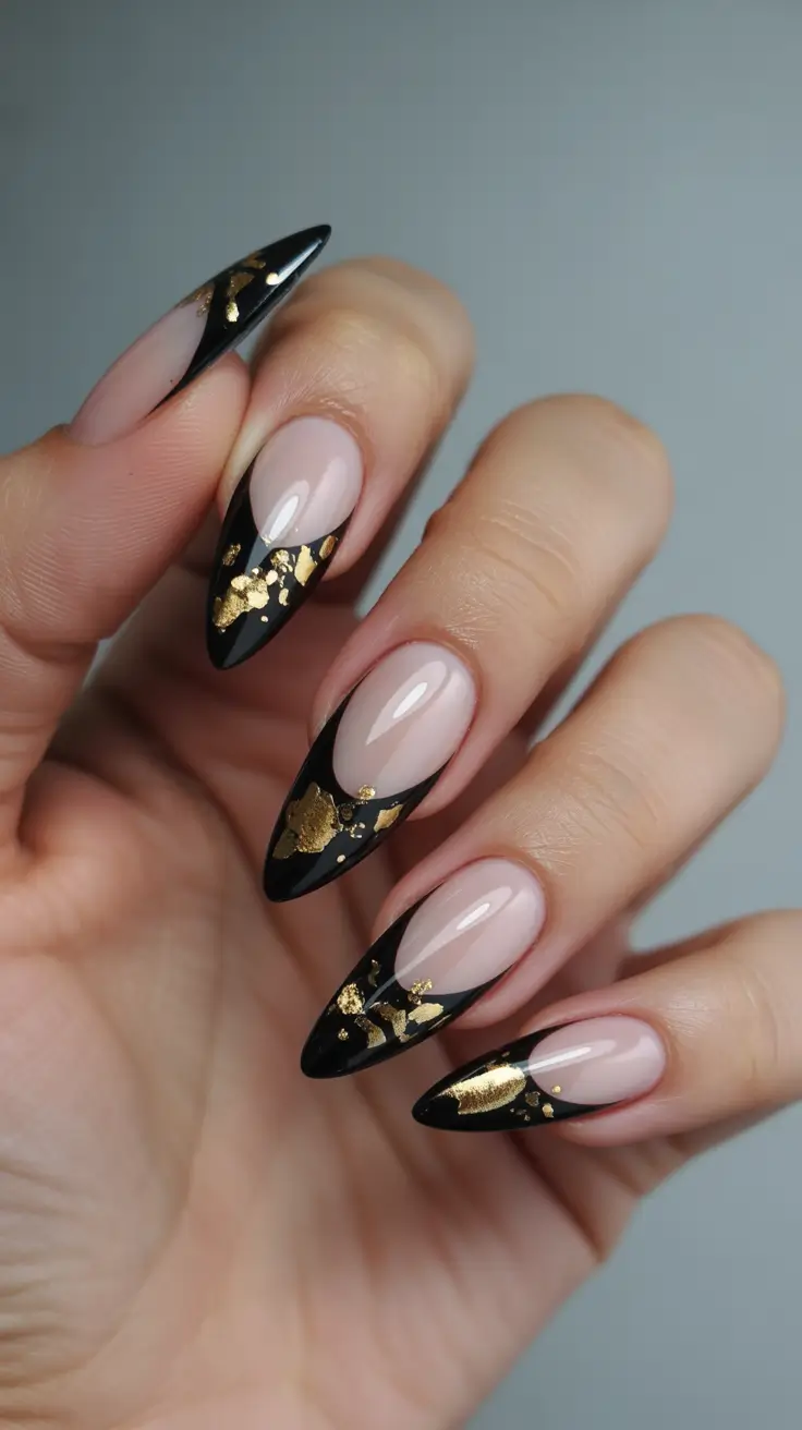October nails color ideas 2025 Black and Gold Luxe French