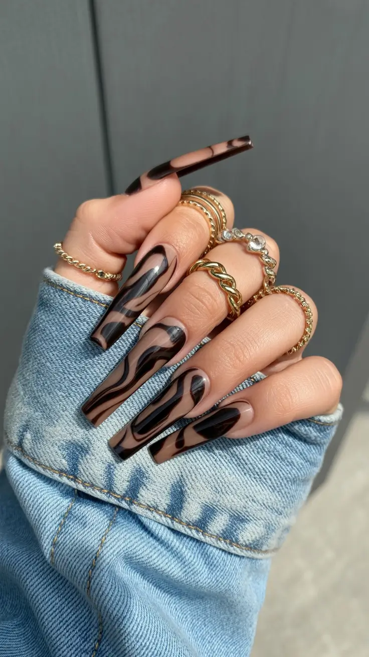 October nails color ideas 2025 Chocolate Swirl Coffin