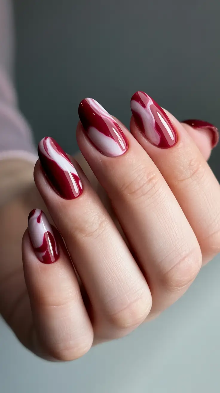 October nails design 2025 Crimson Marble Flow