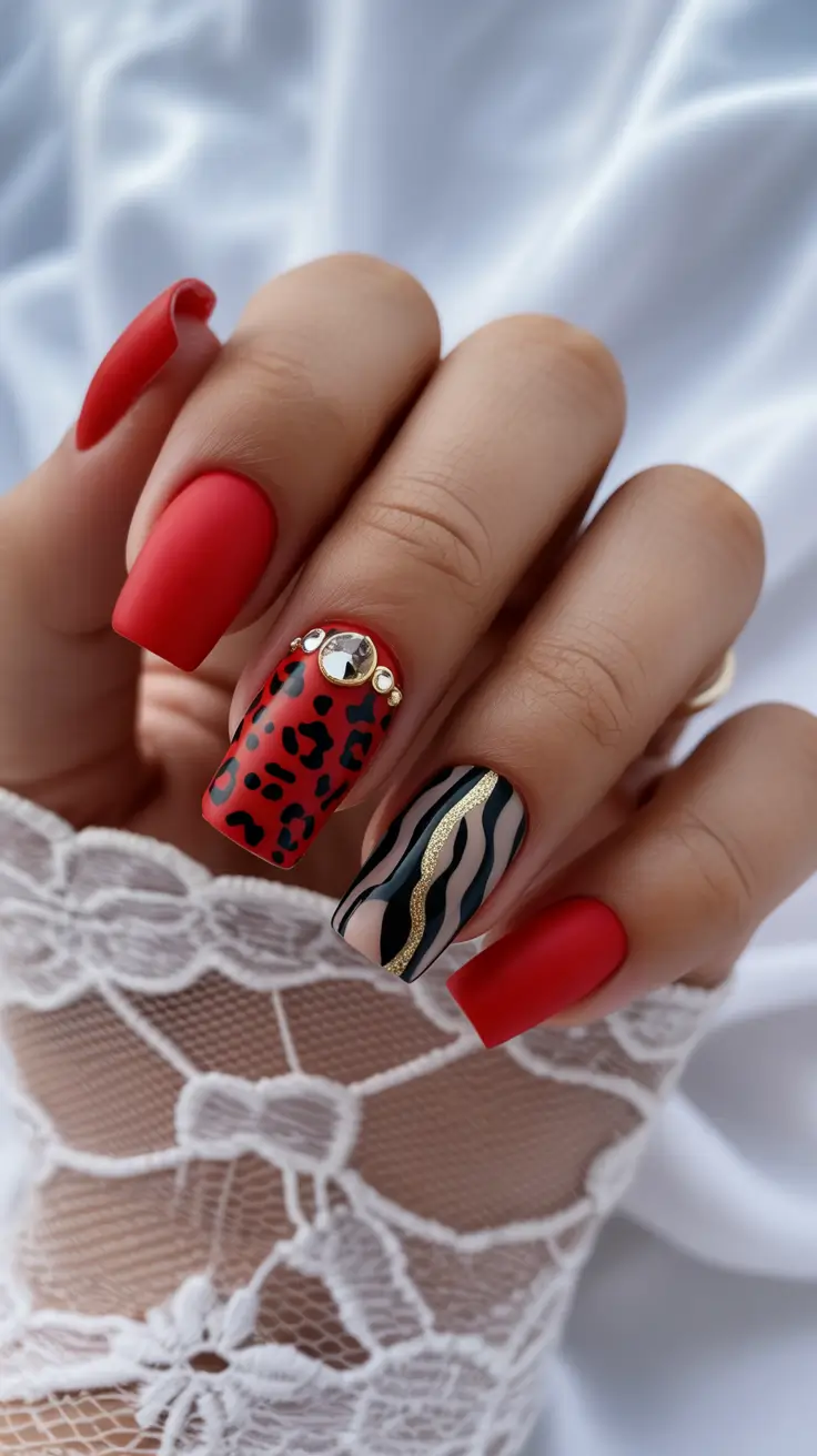 October nails design 2025 Red Fierce Energy with Animal Print