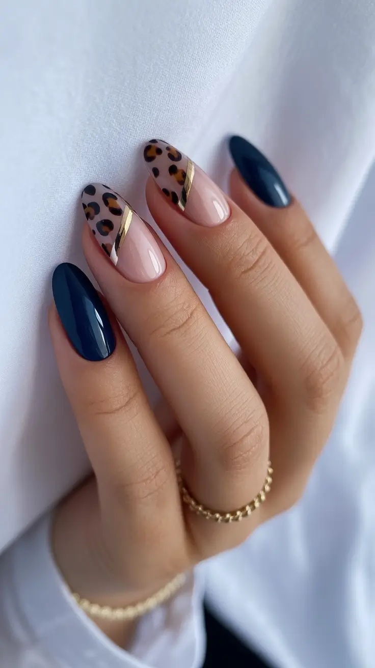 October nails design 2025 Classy Leopard Tips with Midnight Blue