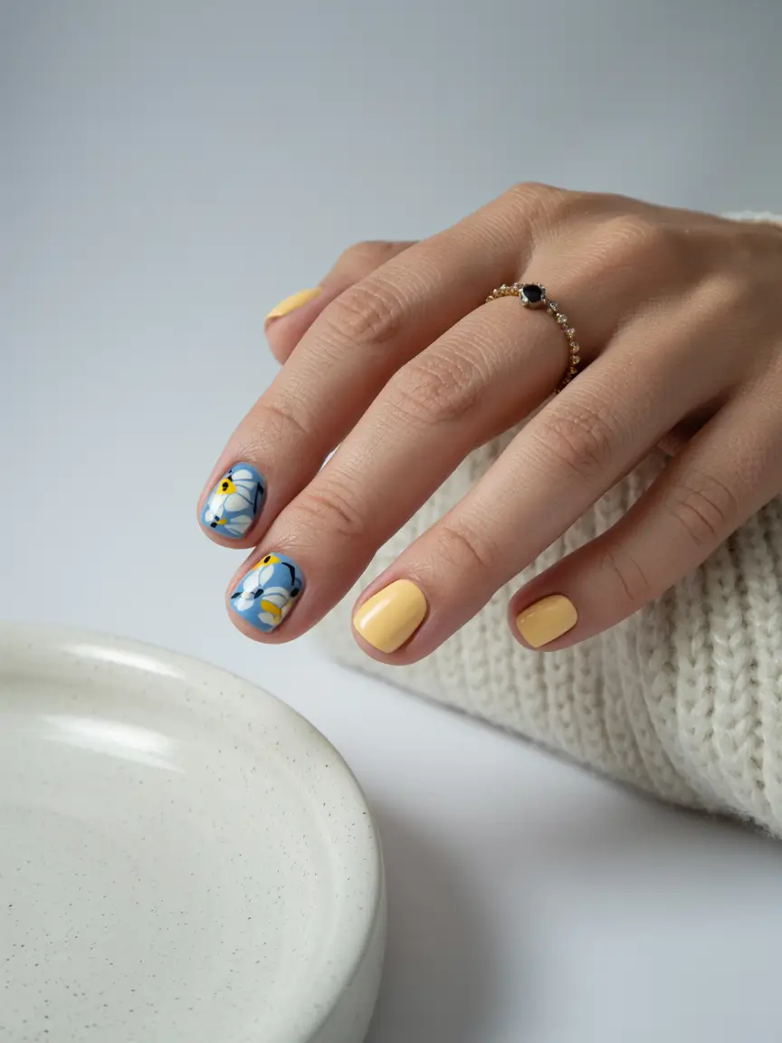 October nails design 2025 Playful Yellow and Blue Florals