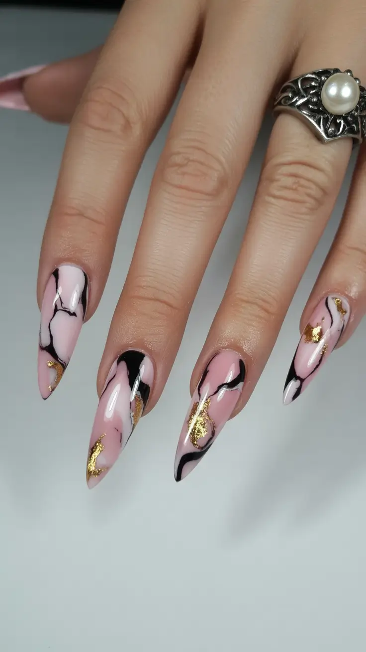 October nails design 2025 Pink Marble with Gold Foil Drama