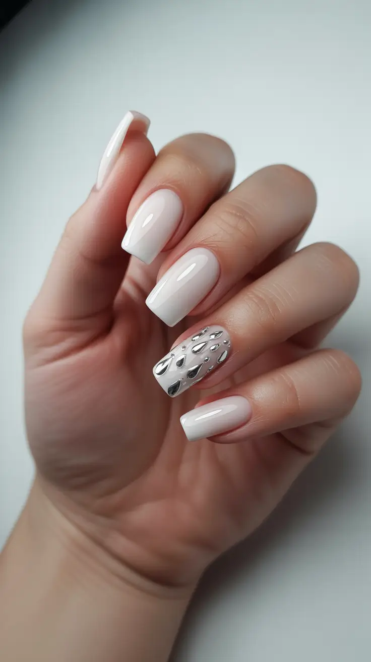 October nails design 2025 Minimal White Elegance with Silver Accents