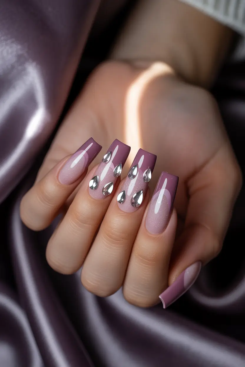 October nails design 2025 Mauve Glam with Crystal Drops