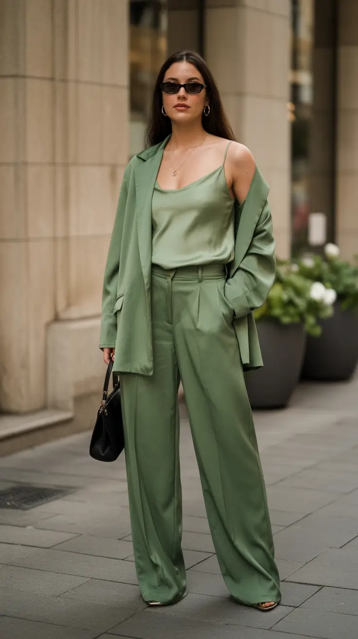 October outfits 2025 Satin Green Power Suit