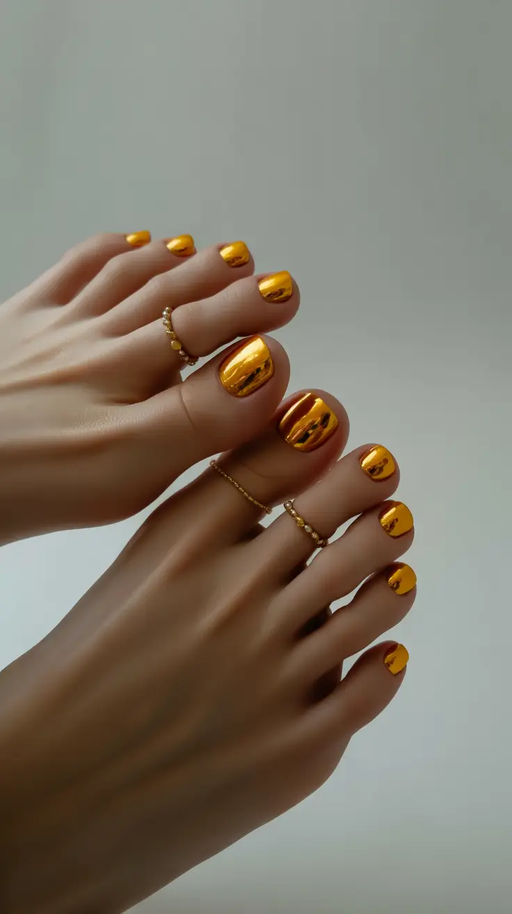October toe nails ideas 2025 Golden Chrome Shine