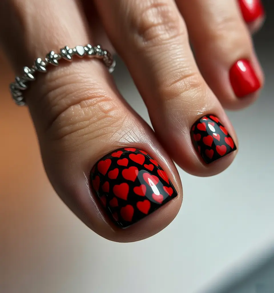 October toe nails ideas 2025 Black with Red Hearts