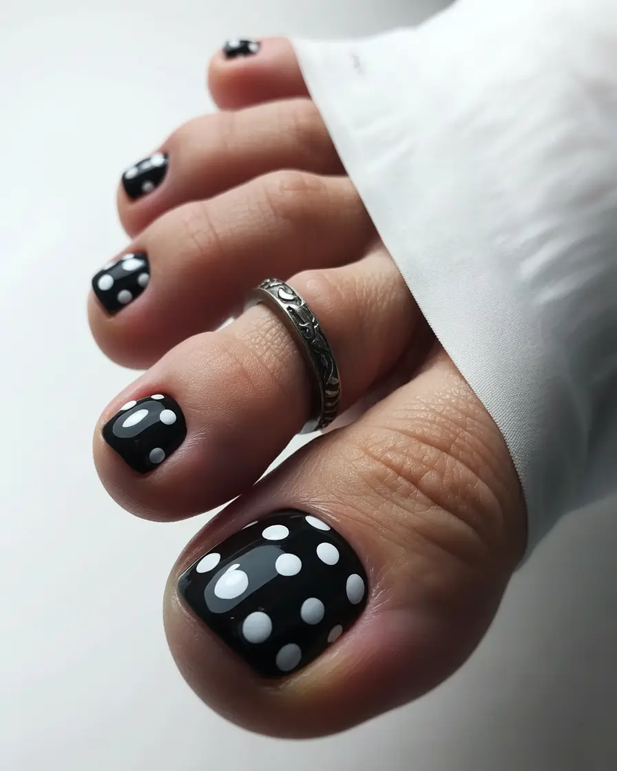 October toe nails ideas 2025 Monochrome Polka Dots