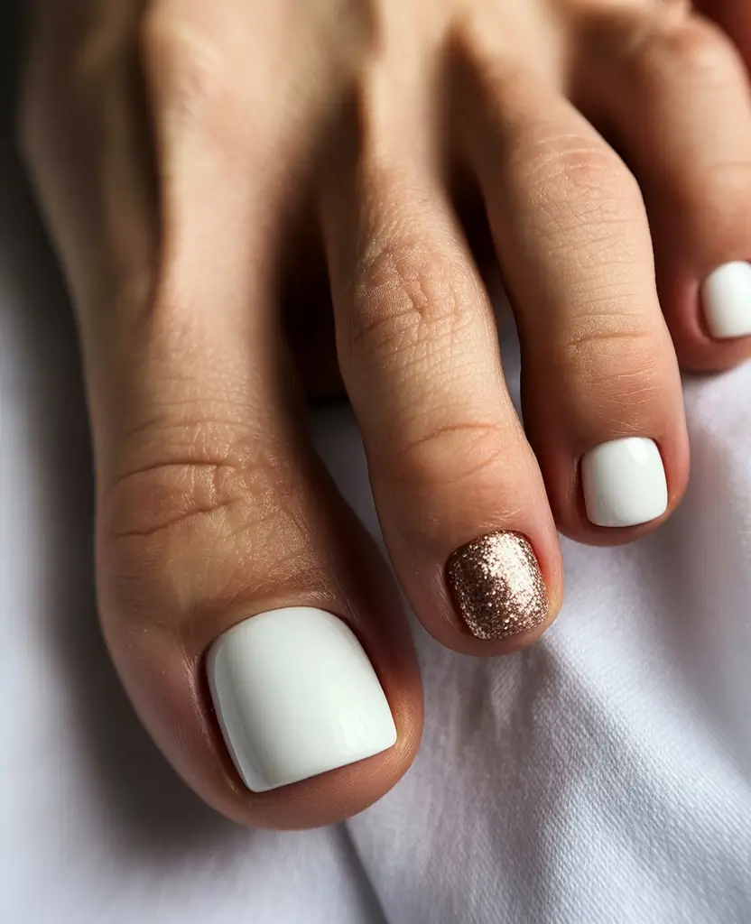 October toe nails ideas 2025 Classic White with a Rose Gold Accent