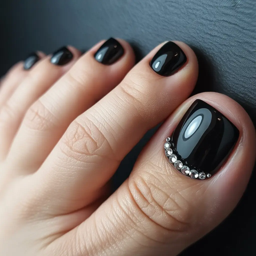 October toe nails ideas 2025 Midnight Black with Crystals