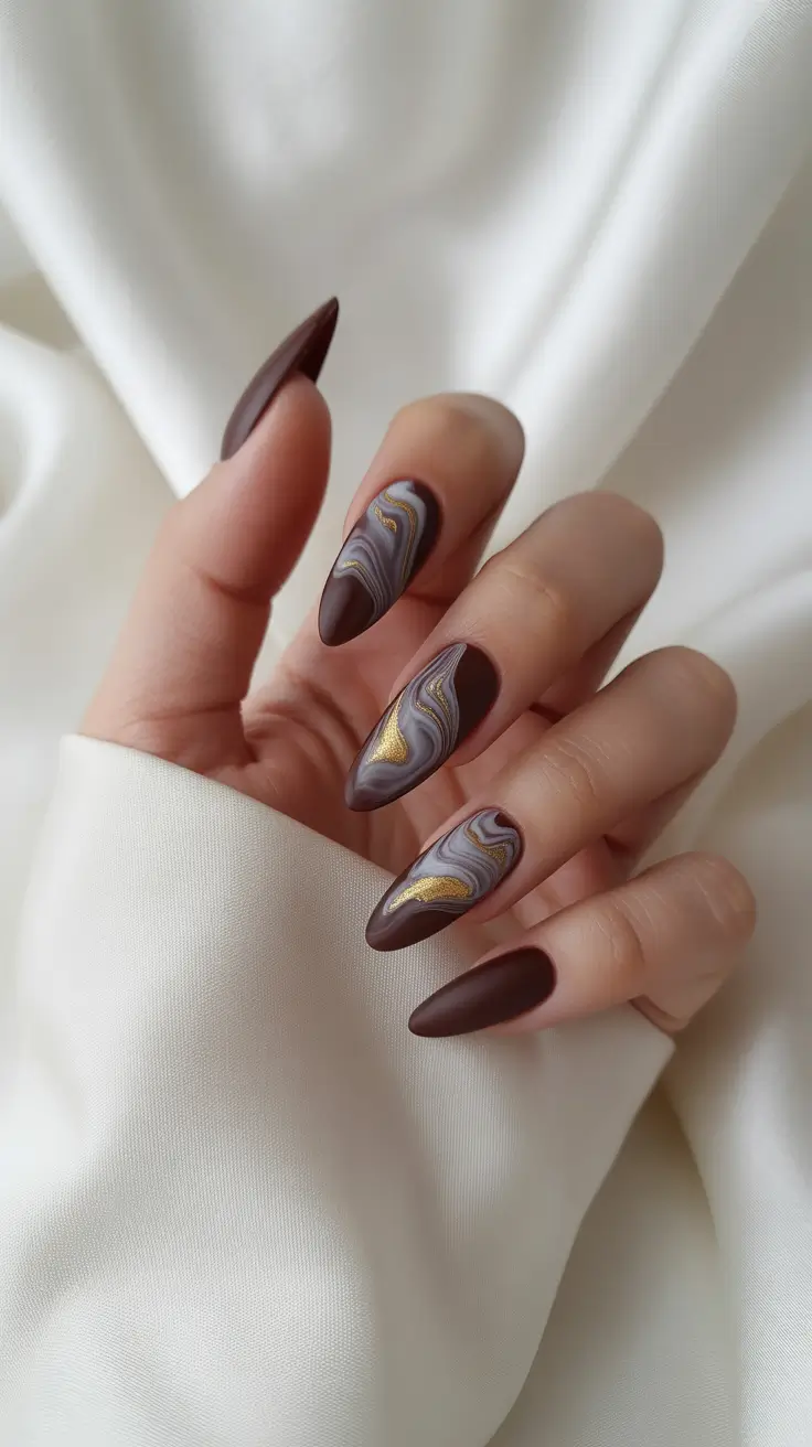 Popular Fall 2025 Nail Colors Chocolate Marble with Gold Veins