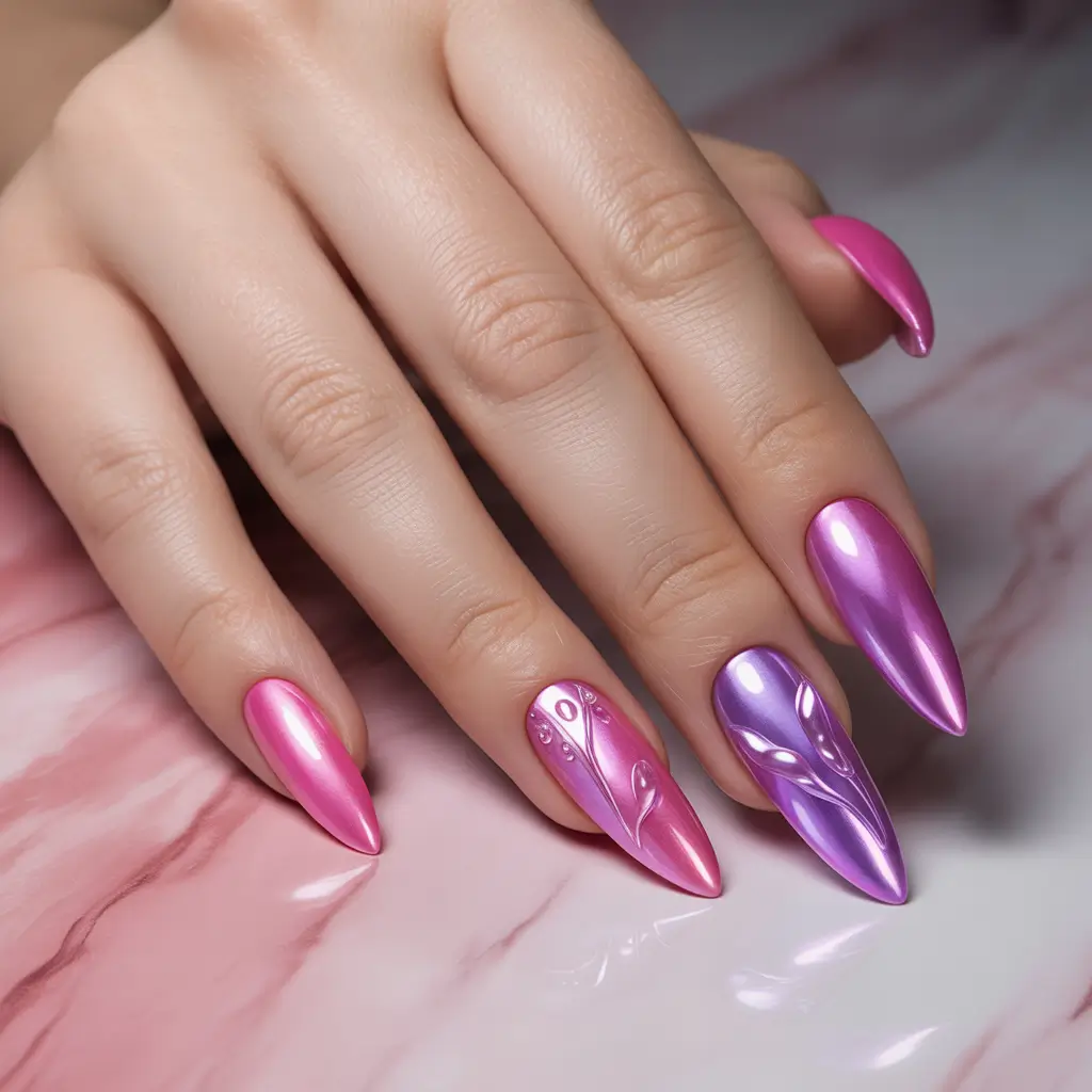 Popular Fall 2025 Nail Colors Pearlescent Pink and Purple Chrome