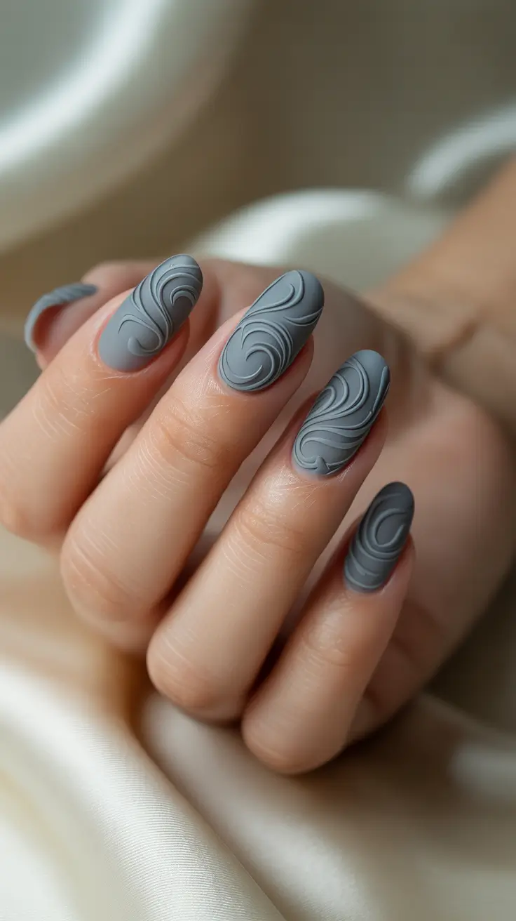 Popular Fall 2025 Nail Colors Matte Slate with 3D Swirls