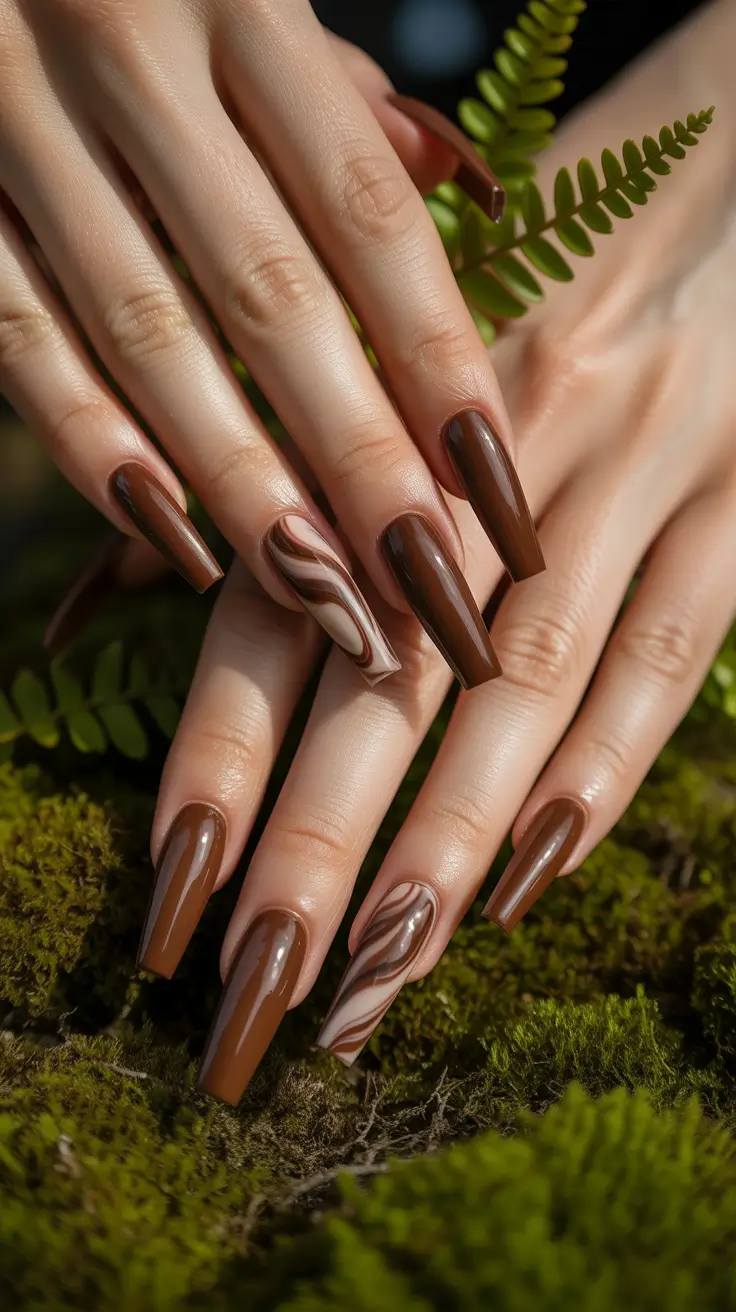 Popular Fall 2025 Nail Colors Glossy Chestnut with Marble Accents