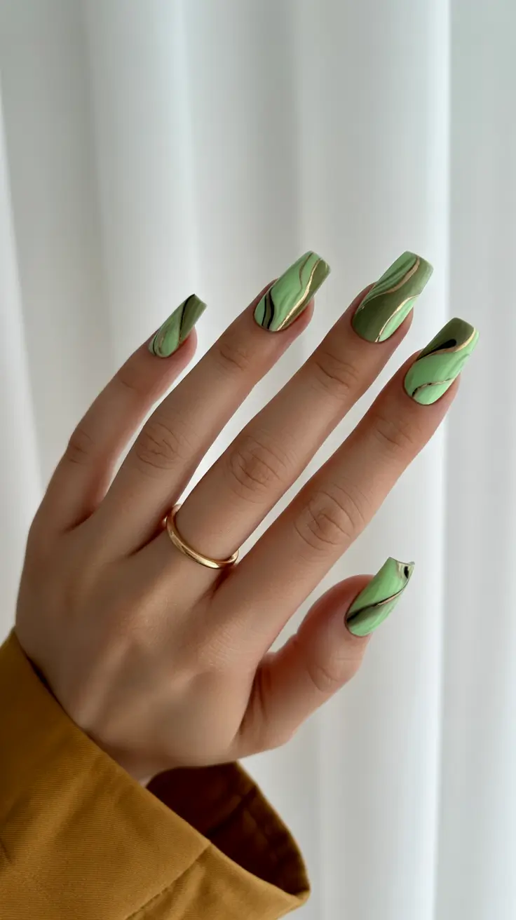 Popular Fall 2025 Nail Colors Green Marble Modernity