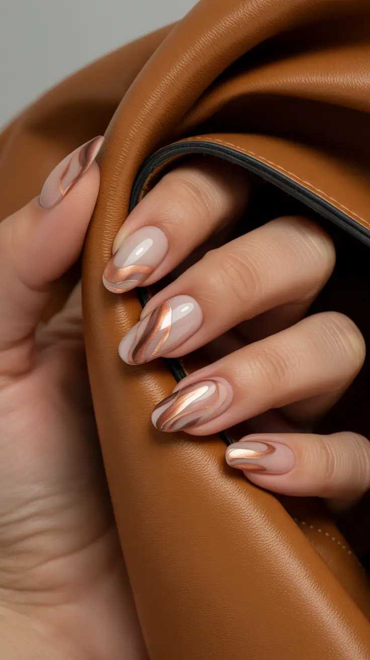Popular Fall 2025 Nail Colors Rose Gold Fluid Waves