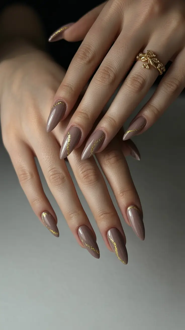 Popular Fall 2025 Nail Colors Taupe with Golden Veins
