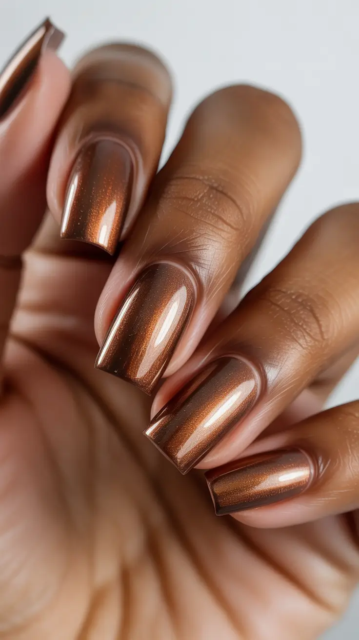 Popular Fall 2025 Nail Colors Copper Metallic Shine