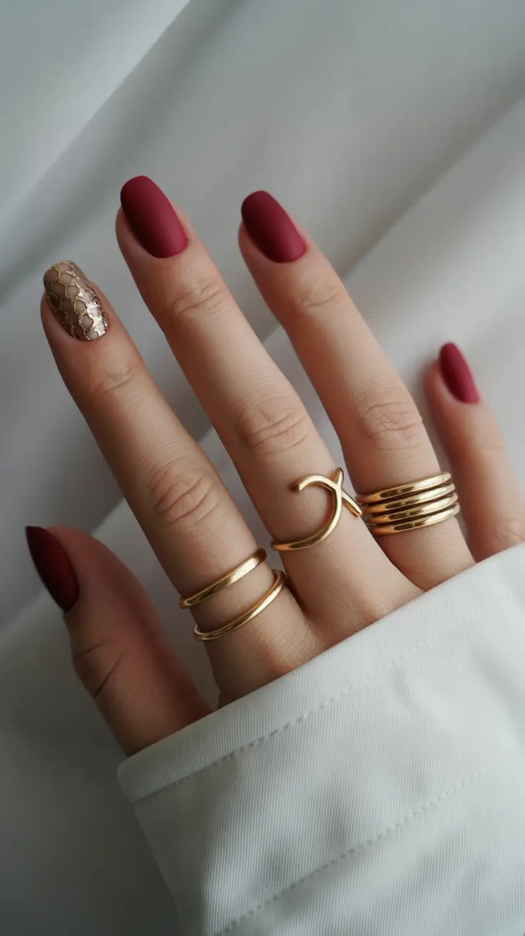 Popular Fall 2025 Nail Colors Matte Wine with Gilded Detail